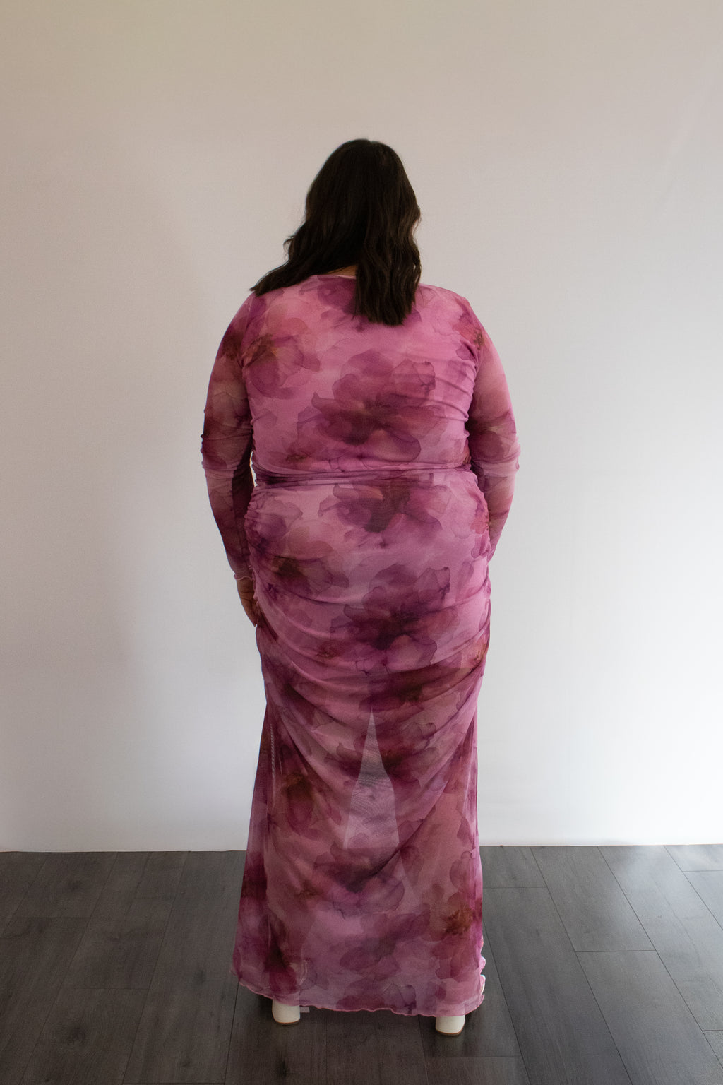Floral Ruched Mesh Maxi Dress