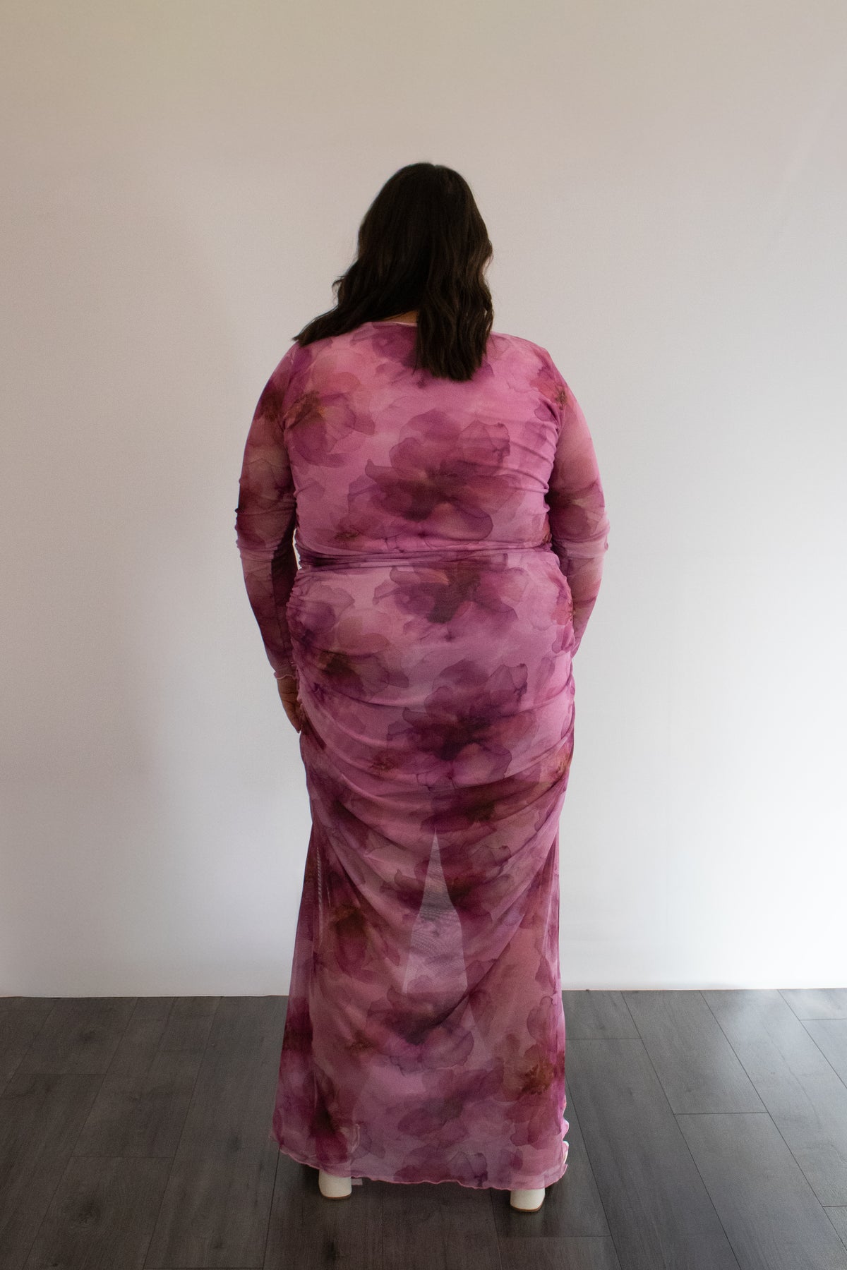 Floral Ruched Mesh Maxi Dress
