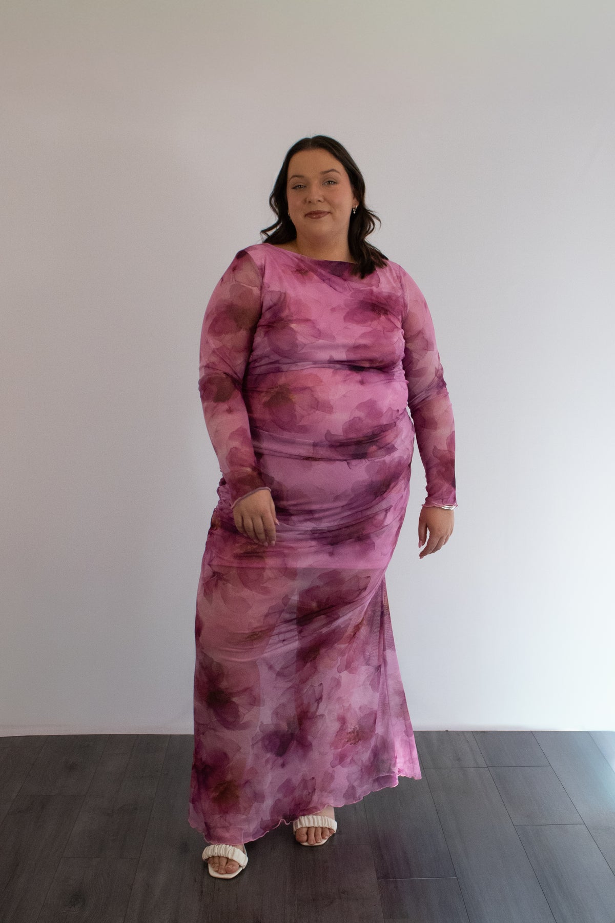 Floral Ruched Mesh Maxi Dress